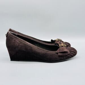 Stuart Weitzman Shoes Womens 9 Brown Suede Wedge Pumps Bow Chain Round Toe